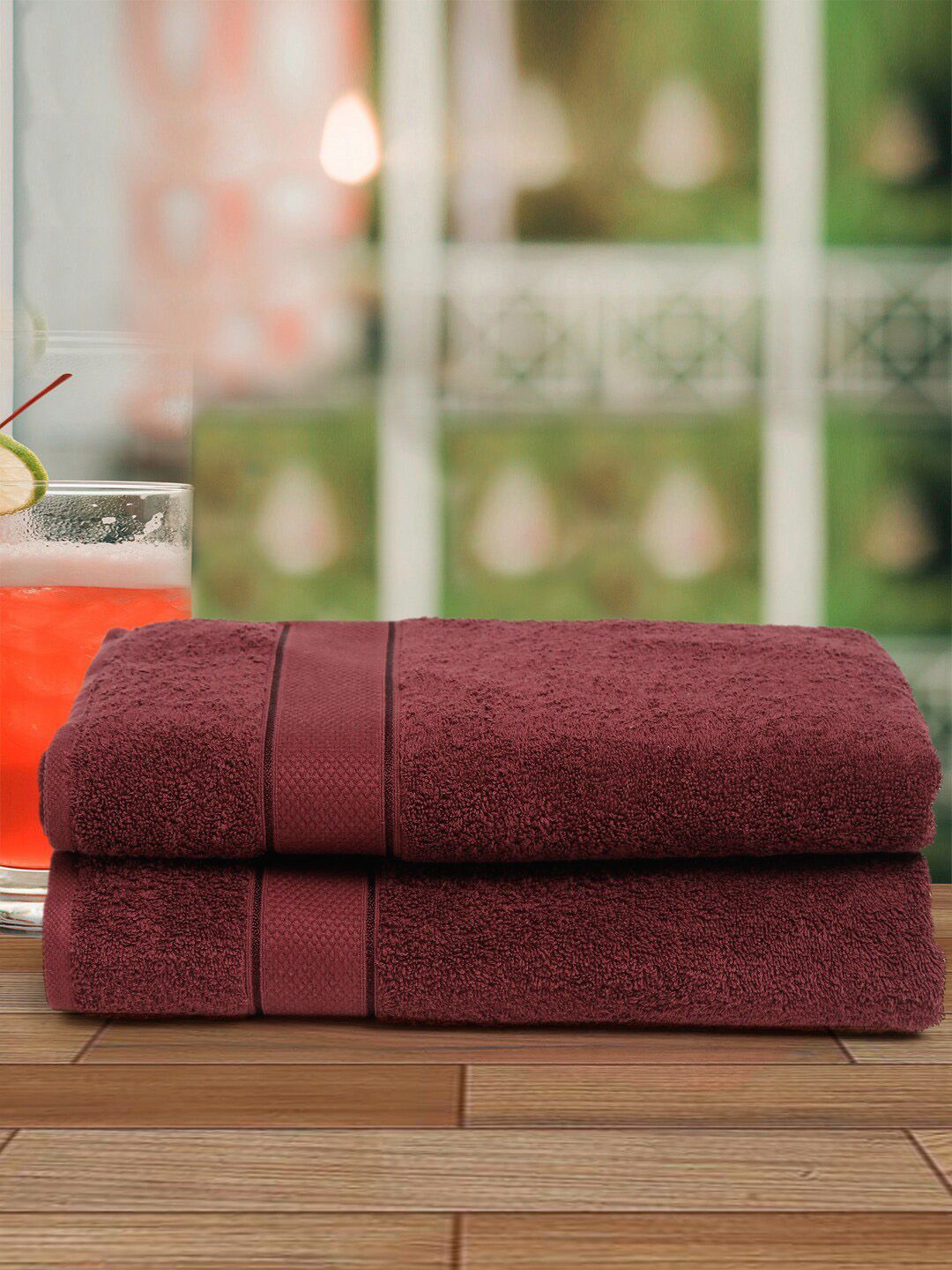Creeva Unisex Burgundy Set Of 2 Solid 525 GSM Bath Towels Price in India