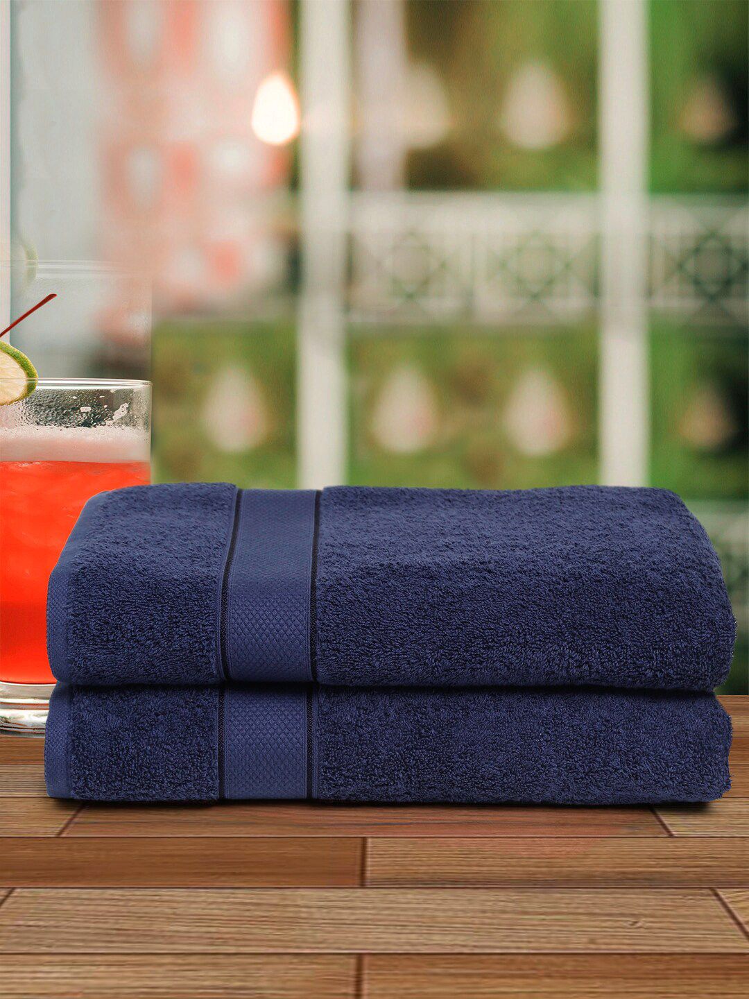 Creeva Navy Blue 2 Pc Solid 525 GSM Bath Towel Set Price in India