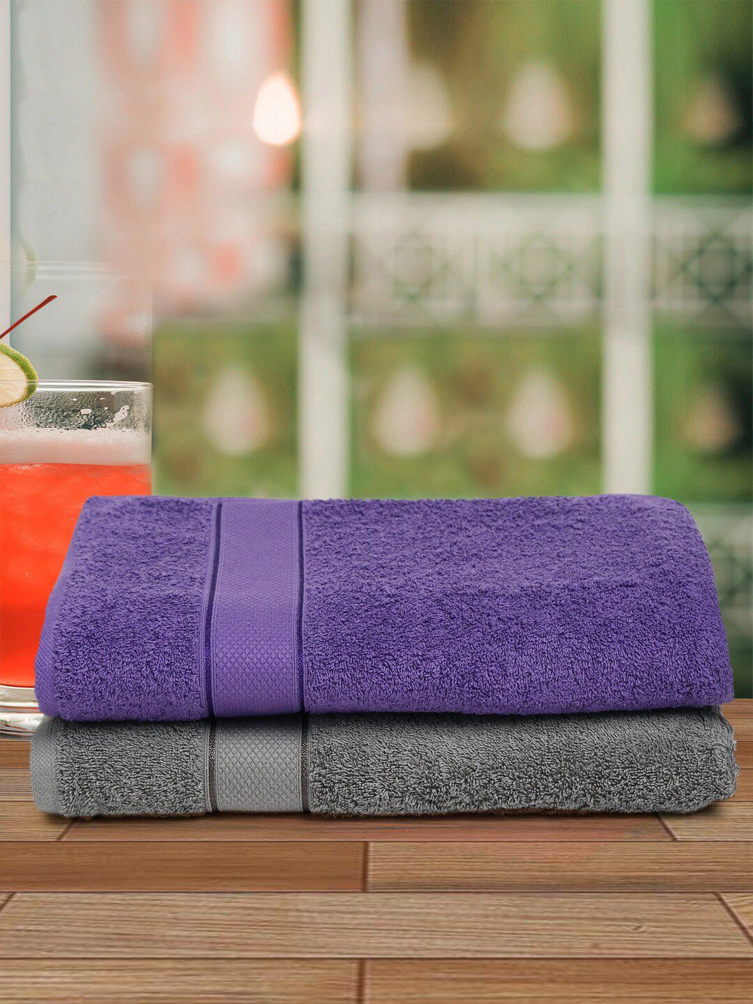 Creeva Set of 2 Grey & Violet 525 GSM Cotton Bath Towels Price in India
