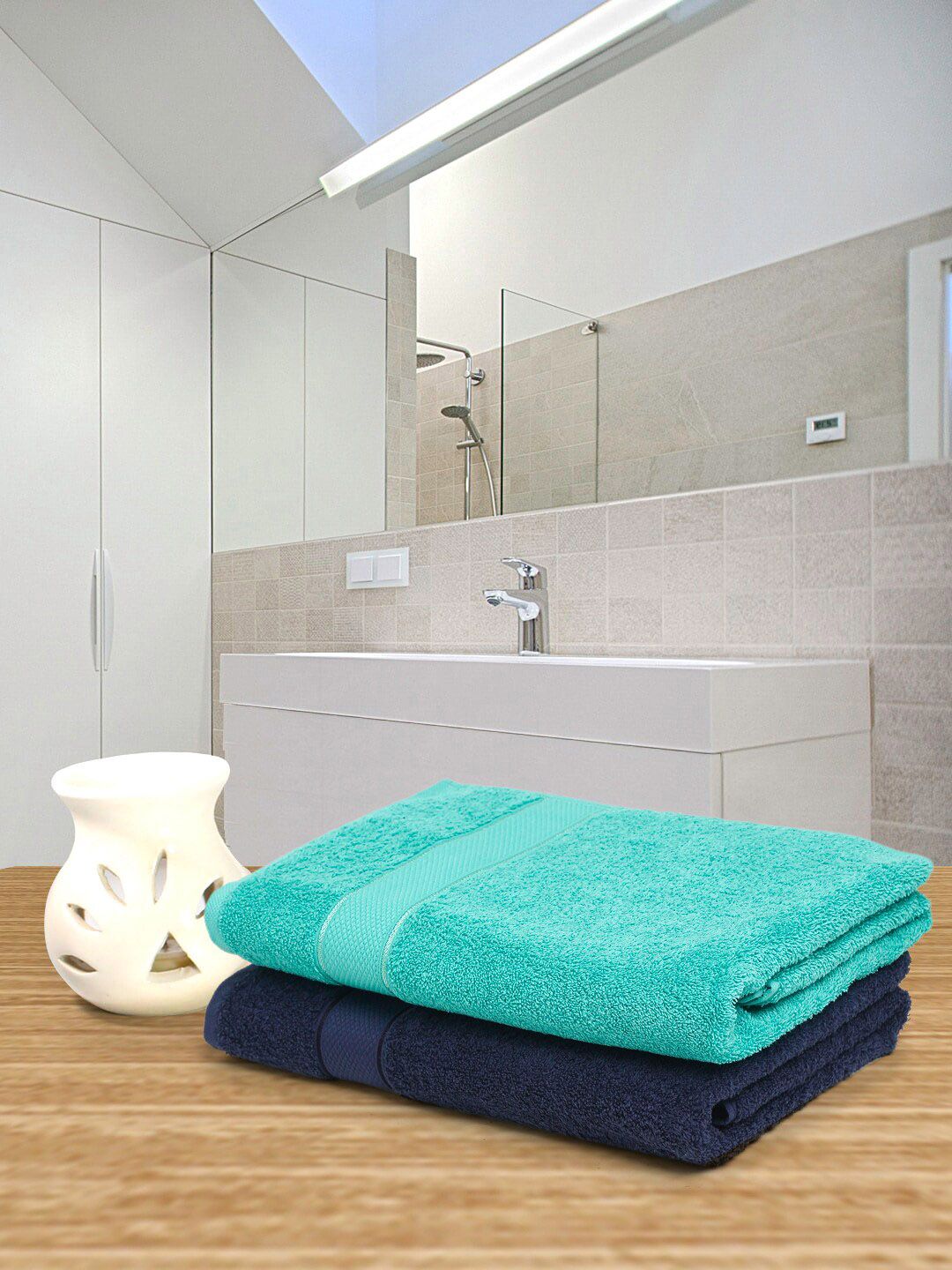 Creeva Unisex Navy Blue & Sea Green Pack of 2 Bath Set Towel Price in India
