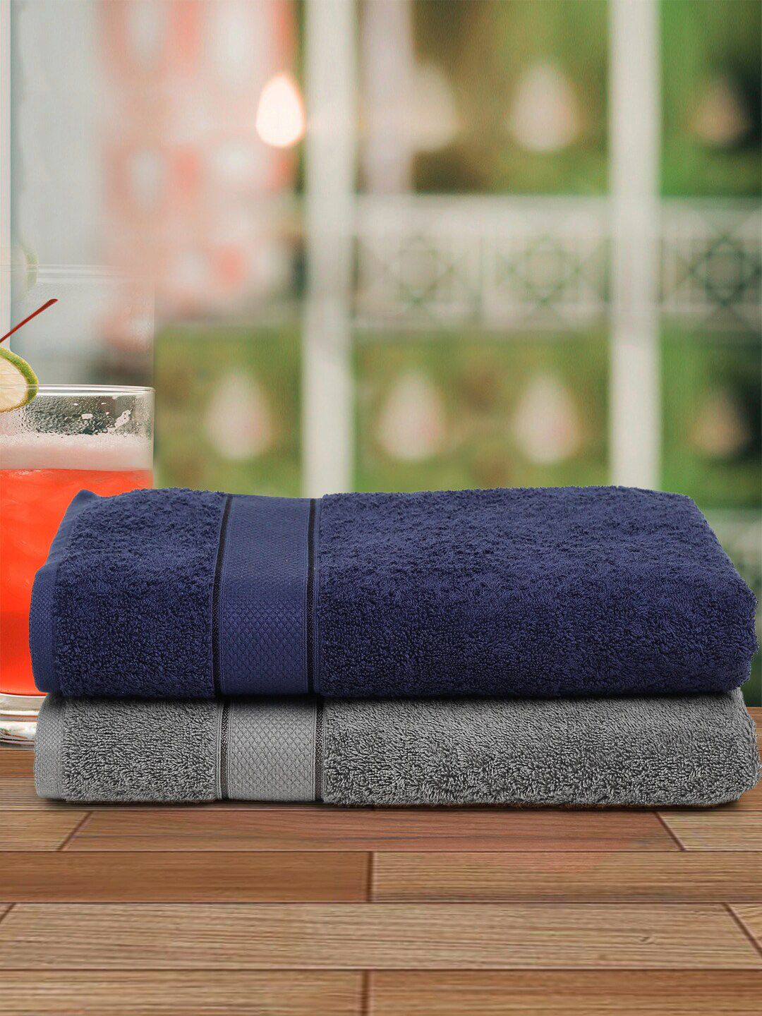 Creeva Unisex Grey & Navy Blue Pack of 2 Bath Set Towel Price in India