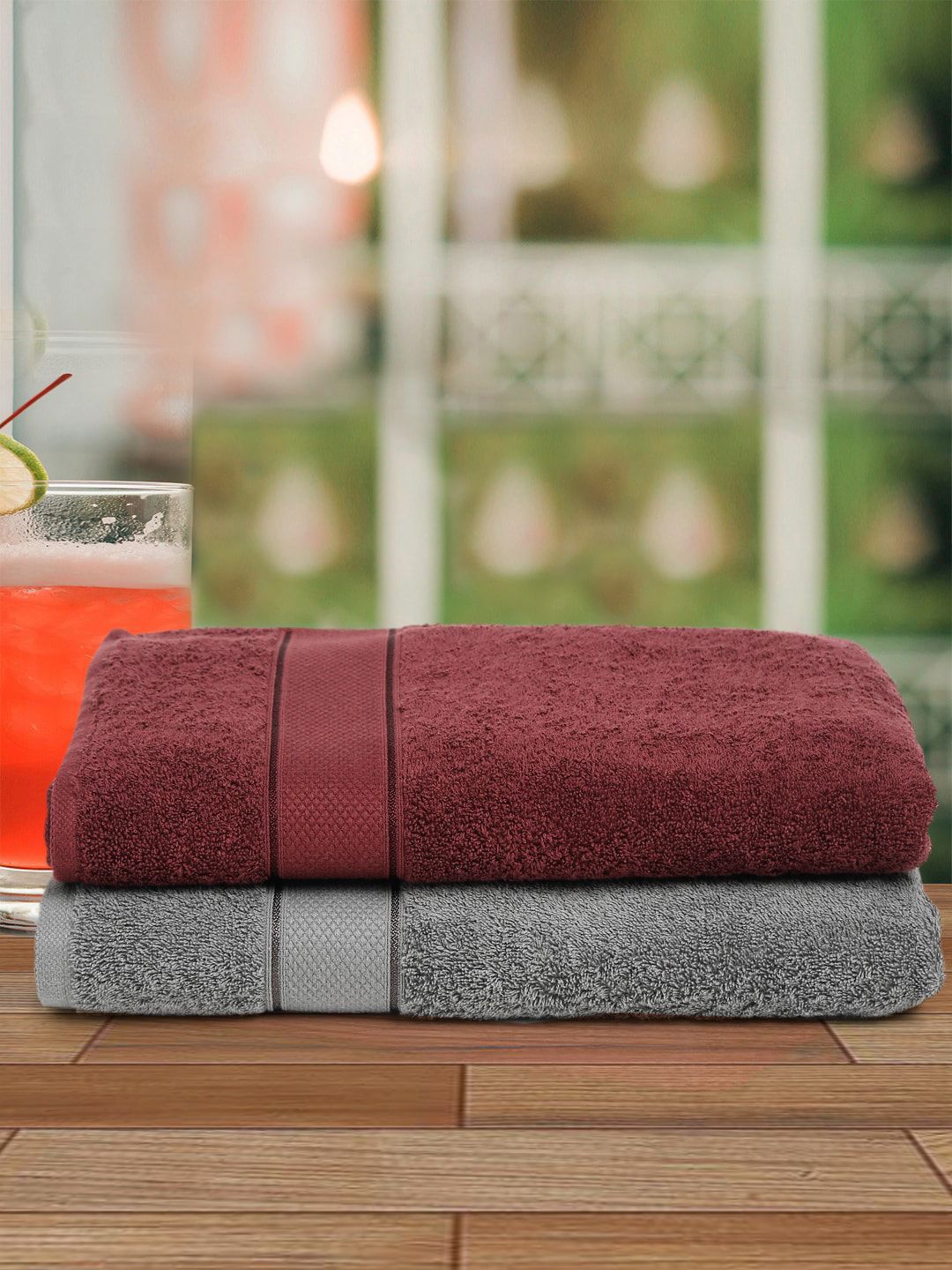 Creeva Unisex Grey & Burgundy Pack of 2 Bath Set Towel Price in India