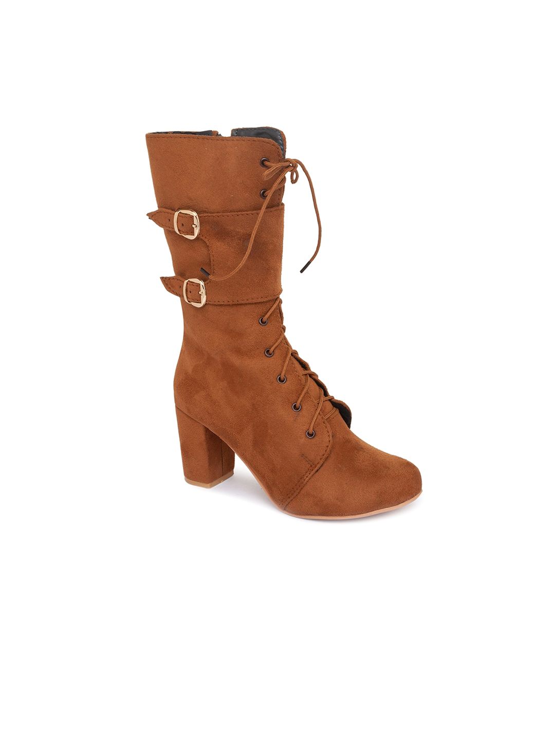Sole To Soul Women Tan Brown Suede High-Top Block Heeled Boots with Buckles Price in India