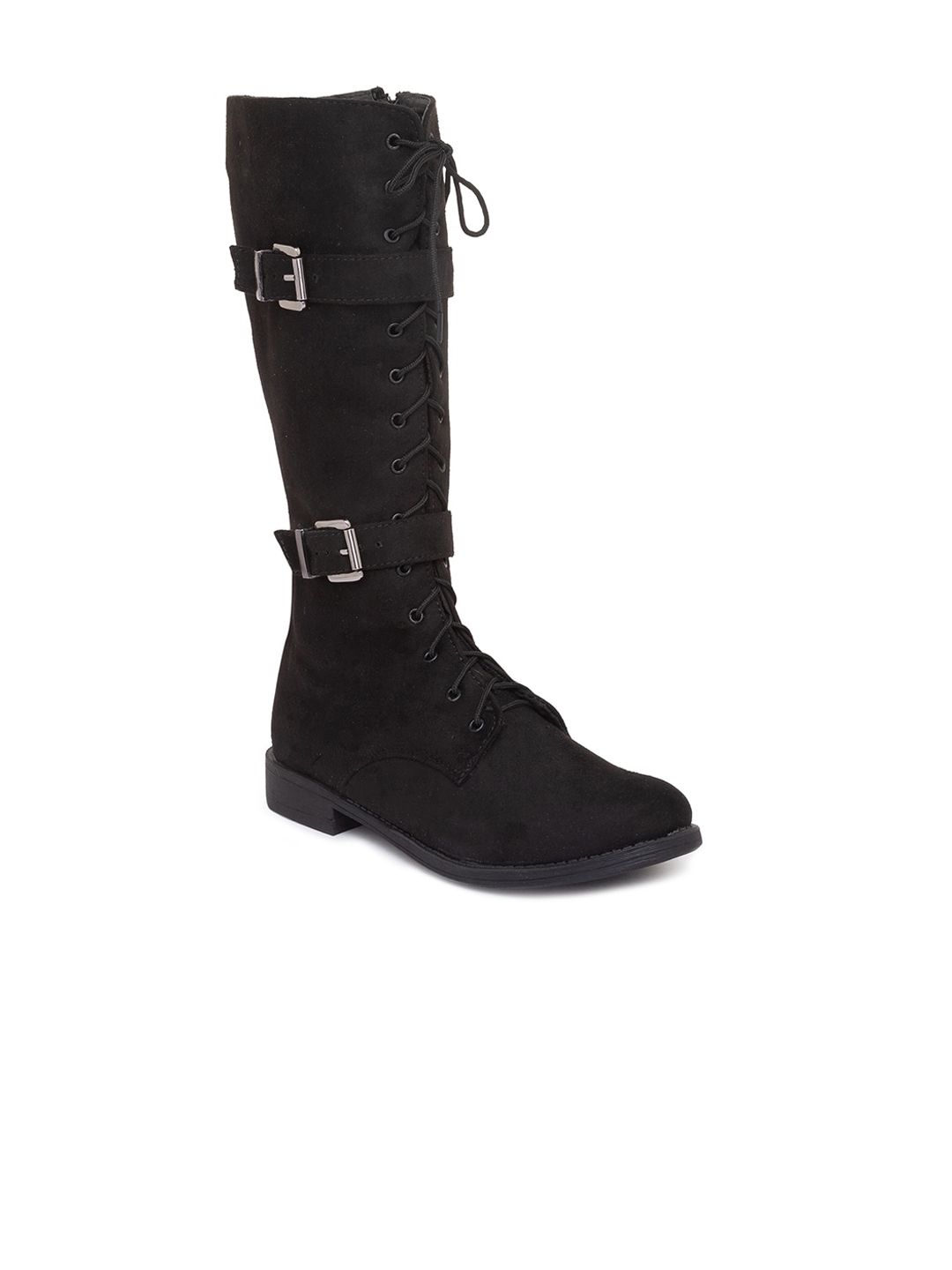Sole To Soul Black Suede High-Top Block Heeled Boots with Buckles Price in India