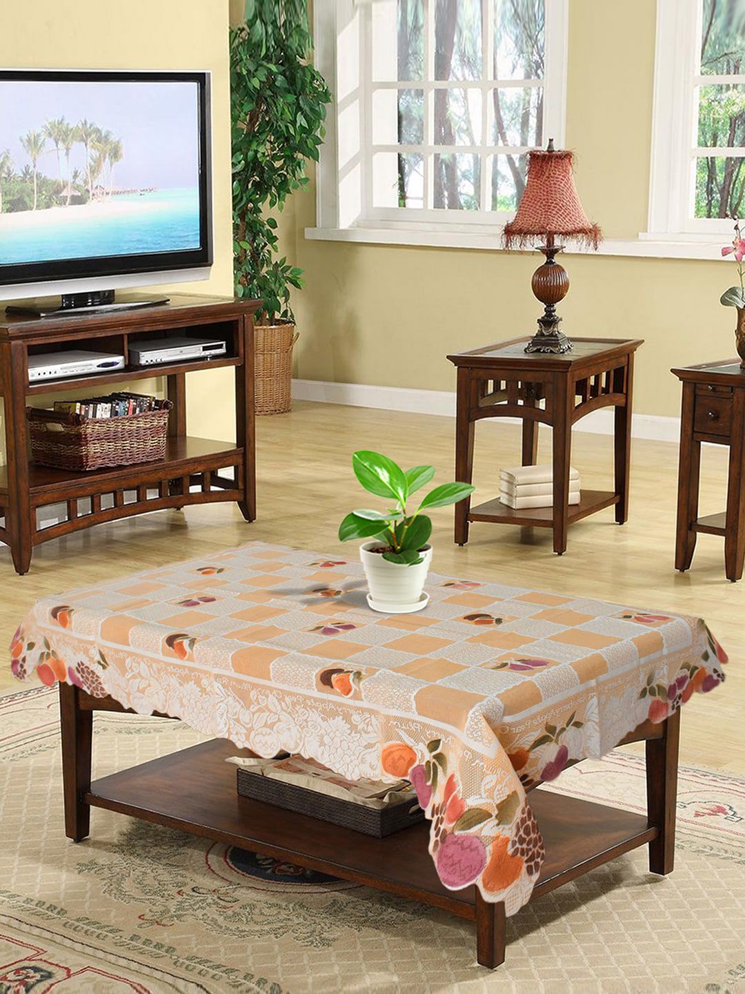 Kuber Industries Orange & White Printed 4-Seater Rectangular Table Cover Price in India