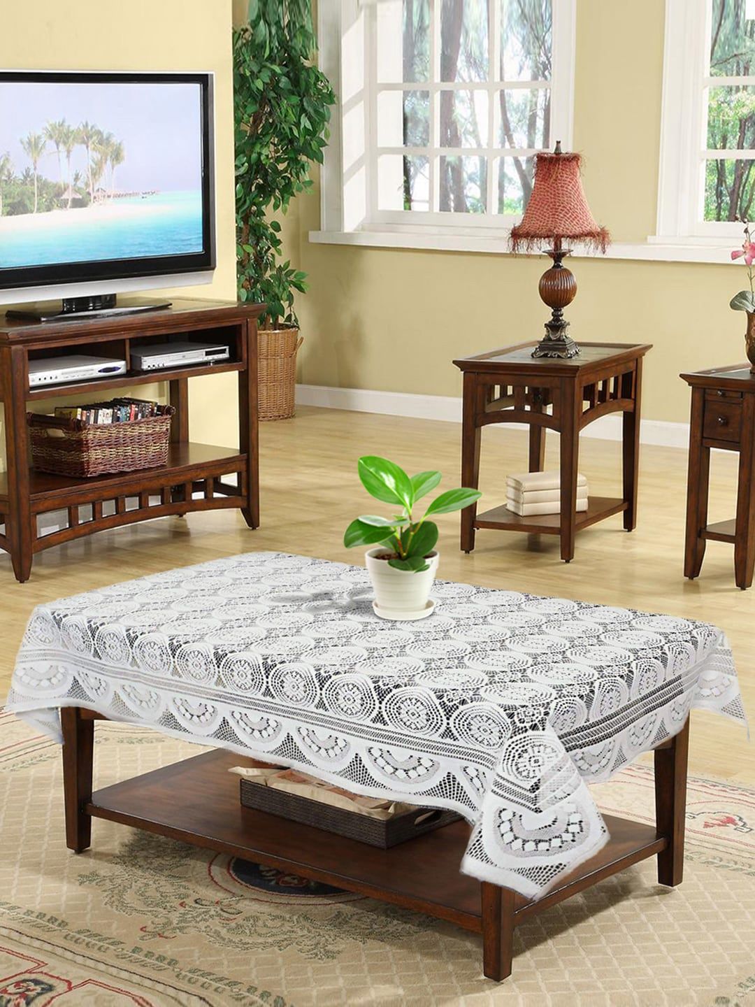 Kuber Industries White Printed 4-Seater Rectangular Table Cover Price in India