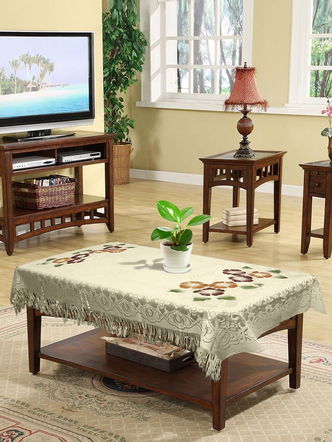 Kuber Industries Cream-Coloured & Pink Floral Printed 4-Seater Rectangle Cotton Table Cover Price in India