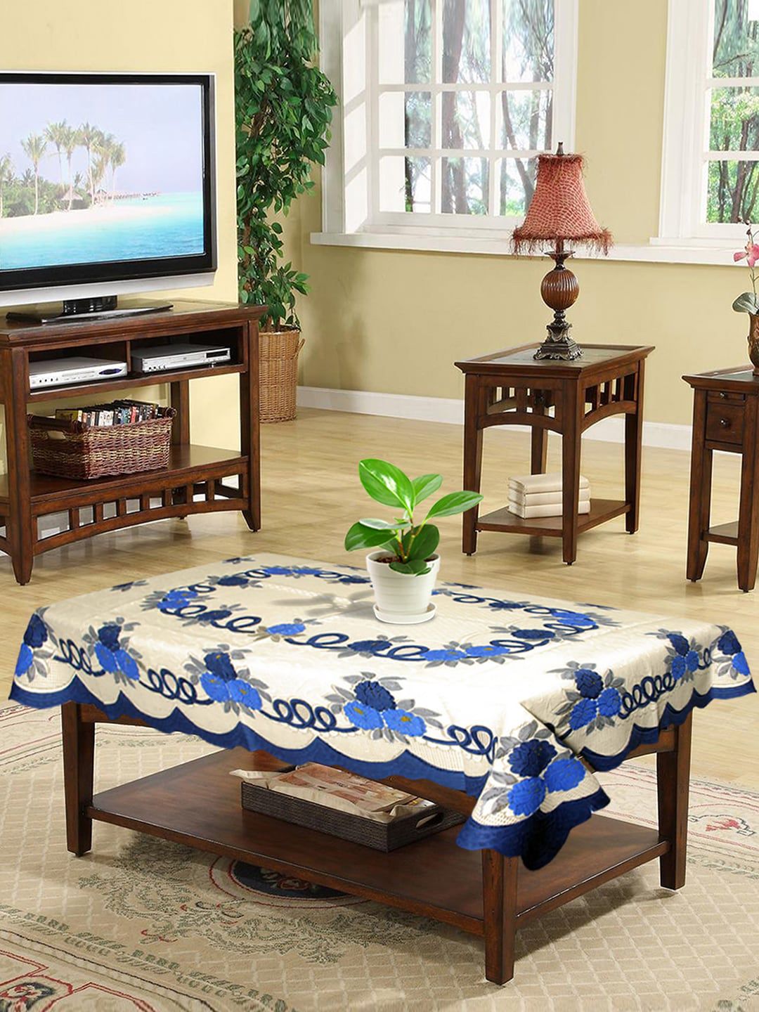Kuber Industries Cream & Blue Floral Printed 4 Seater Cotton Table Cover Price in India