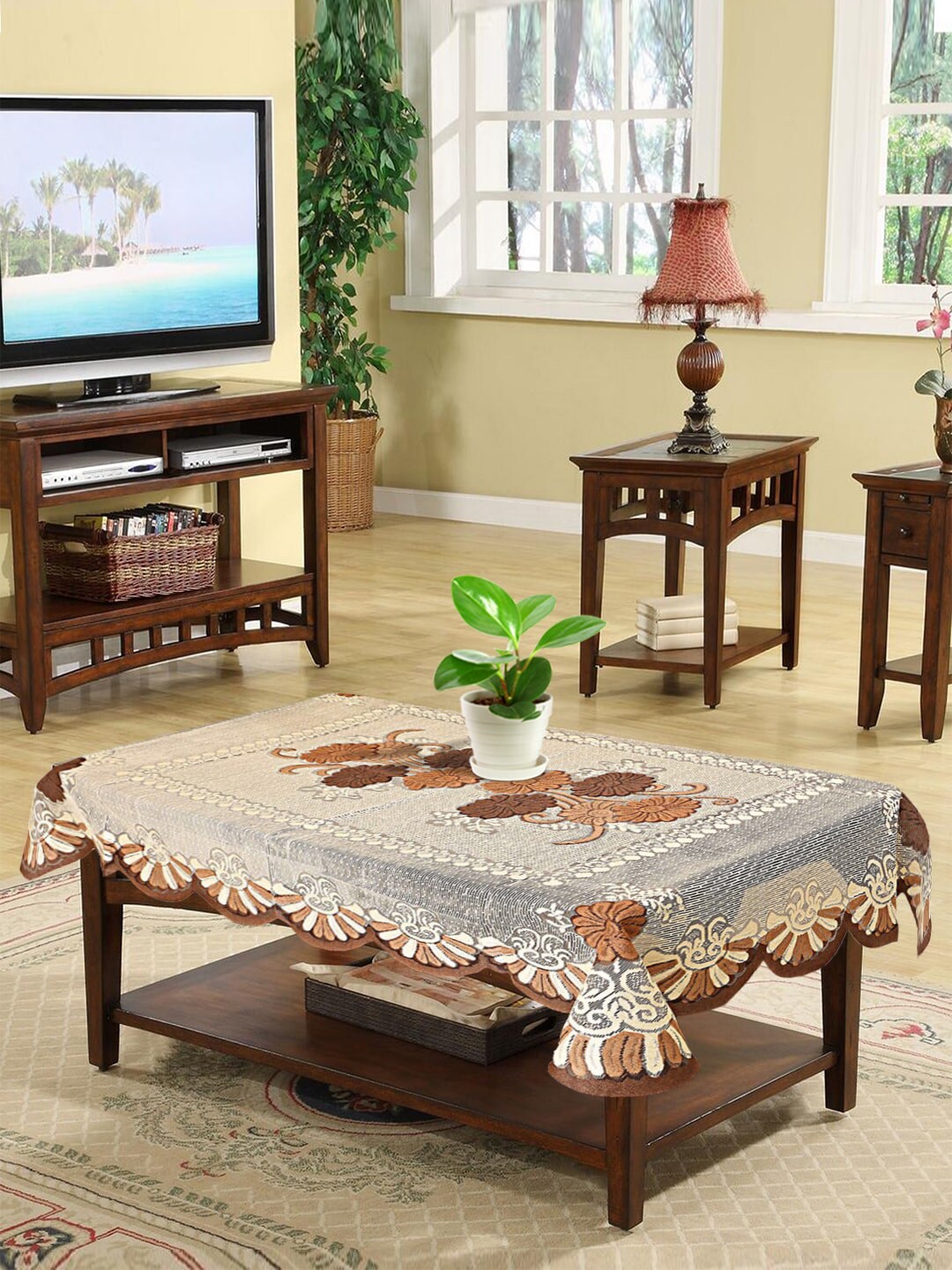 Kuber Industries Cream & Brown Printed 4-Seater Rectangular Table Cover Price in India