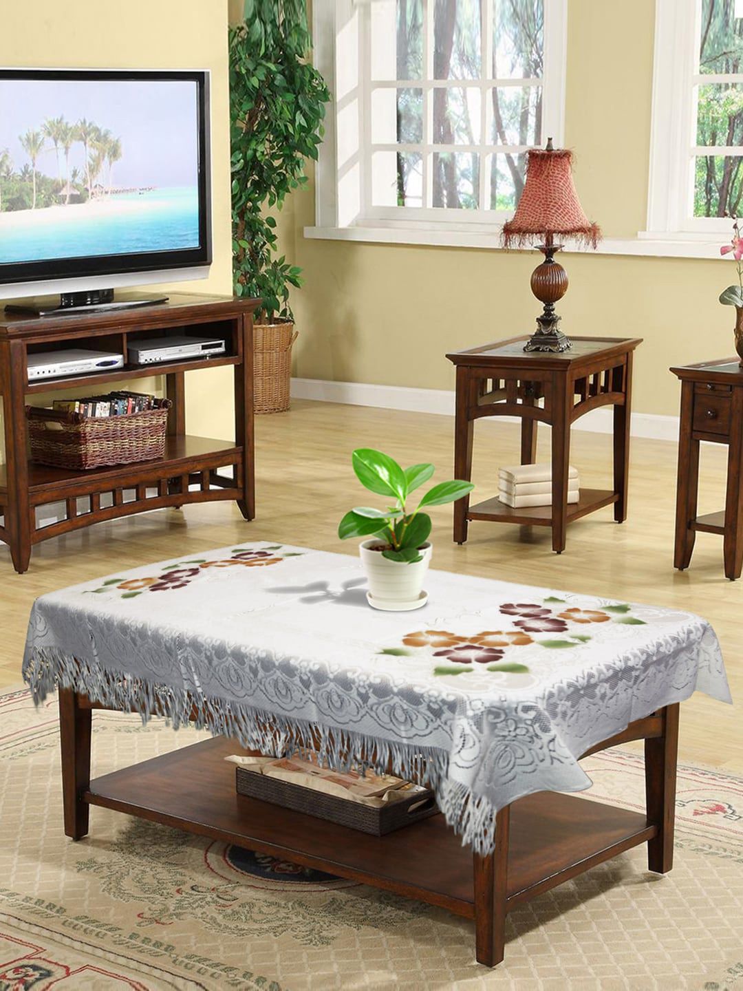 Kuber Industries Cream Floral 4 Seater Cotton Table Cover Price in India