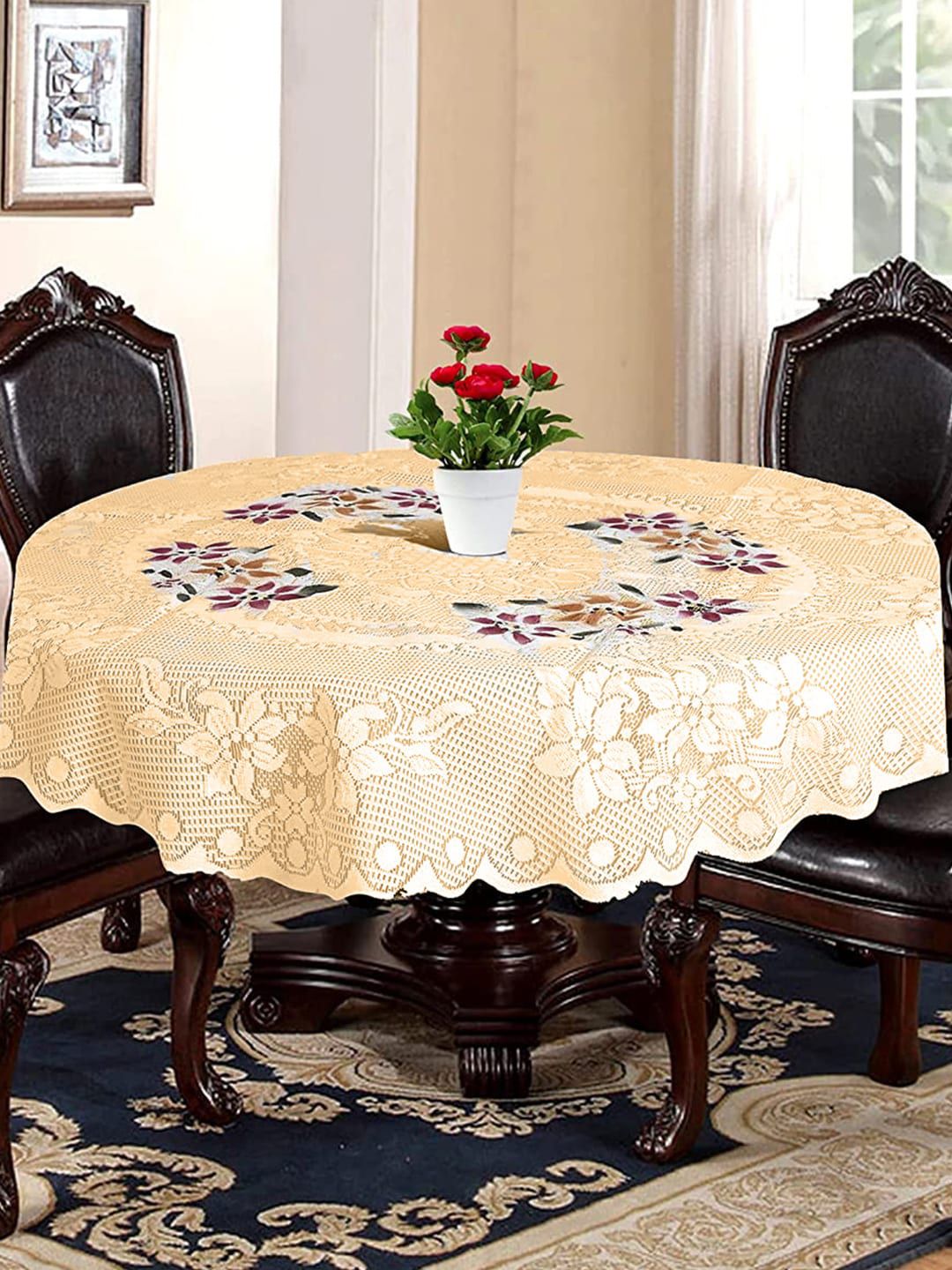 Kuber Industries Cream & Maroon Flower Printed Cotton Round Table Cover Price in India