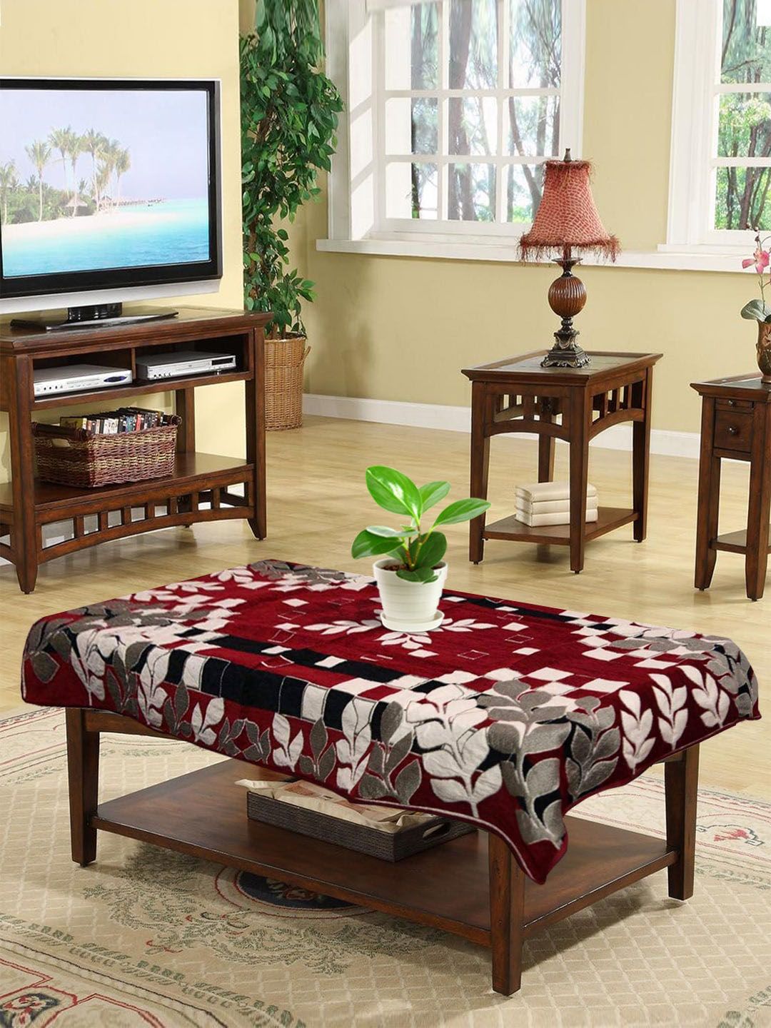 Kuber Industries Maroon & White Printed 4-Seater Rectangular Table Cover Price in India