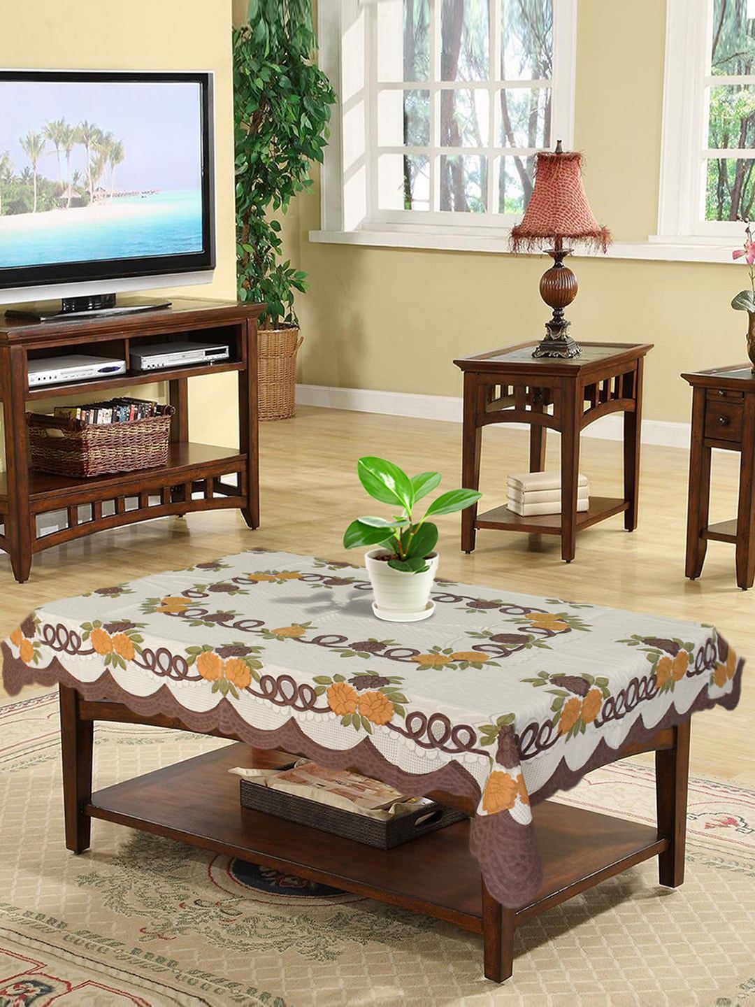 Kuber Industries Cream & Brown Printed 4-Seater Rectangular Table Cover Price in India
