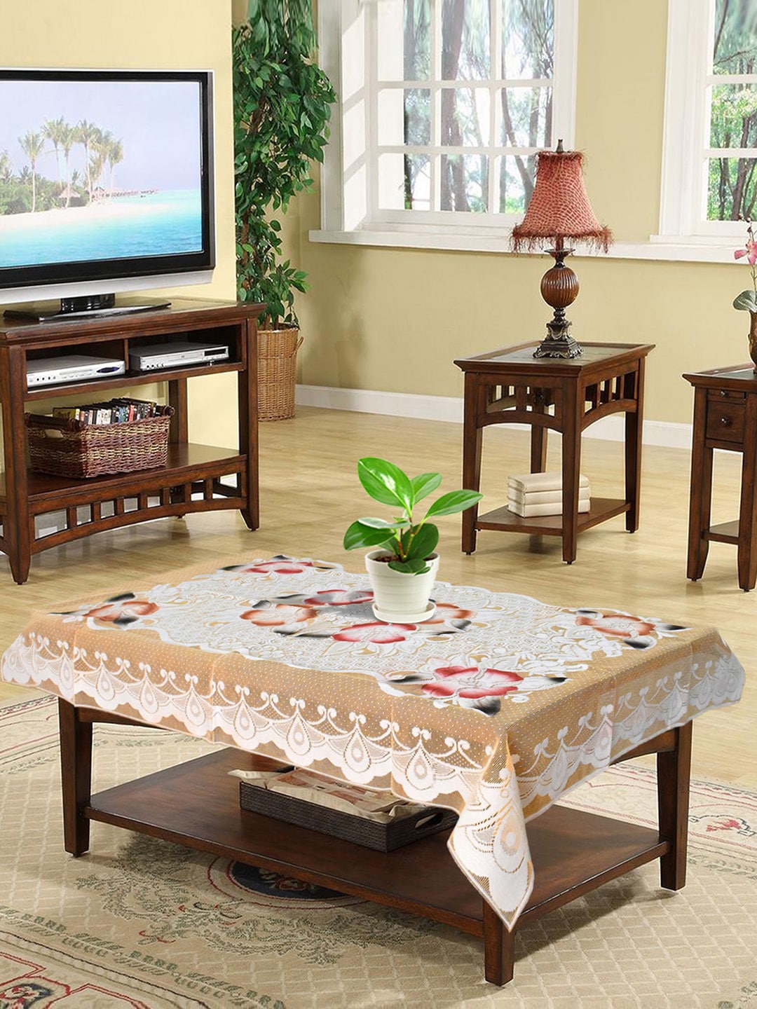 Kuber Industries Cream & White Printed 4-Seater Rectangular Cotton Table Cover Price in India