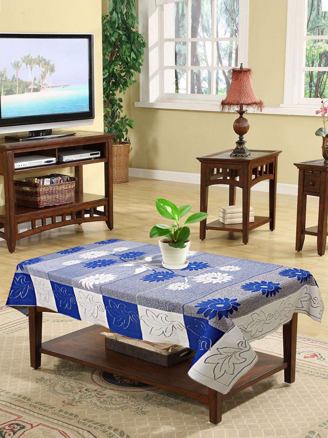 Kuber Industries Blue & White Floral Printed 4-Seater Cotton Table Cover Price in India