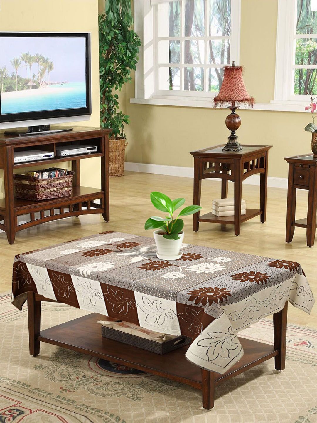Kuber Industries Grey & Brown Floral Printed 4-Seater Rectangle Cotton Table Cover Price in India