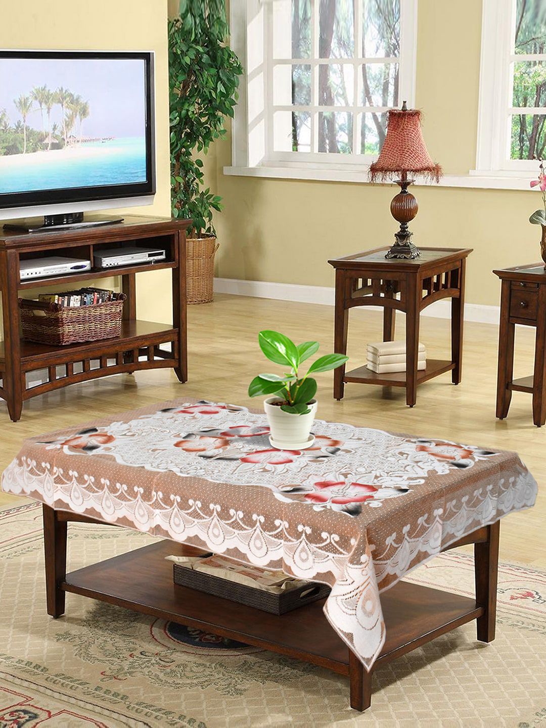 Kuber Industries Pink & Brown Floral Printed 4-Seater Rectangle Cotton Table Cover Price in India