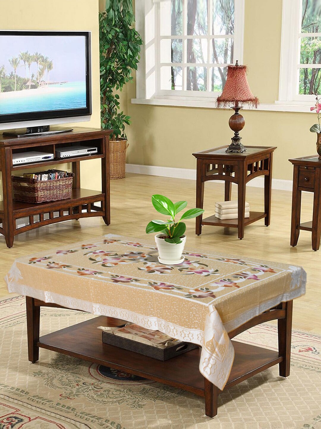 Kuber Industries Beige-Coloured Floral Printed 4-Seater Rectangle Cotton Table Cover Price in India