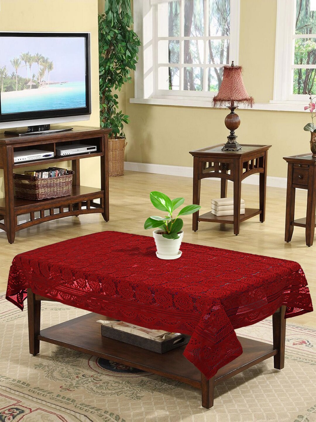 Kuber Industries Maroon & White Ethnic Motifs 4-Seater Rectangle Cotton Table Cover Price in India