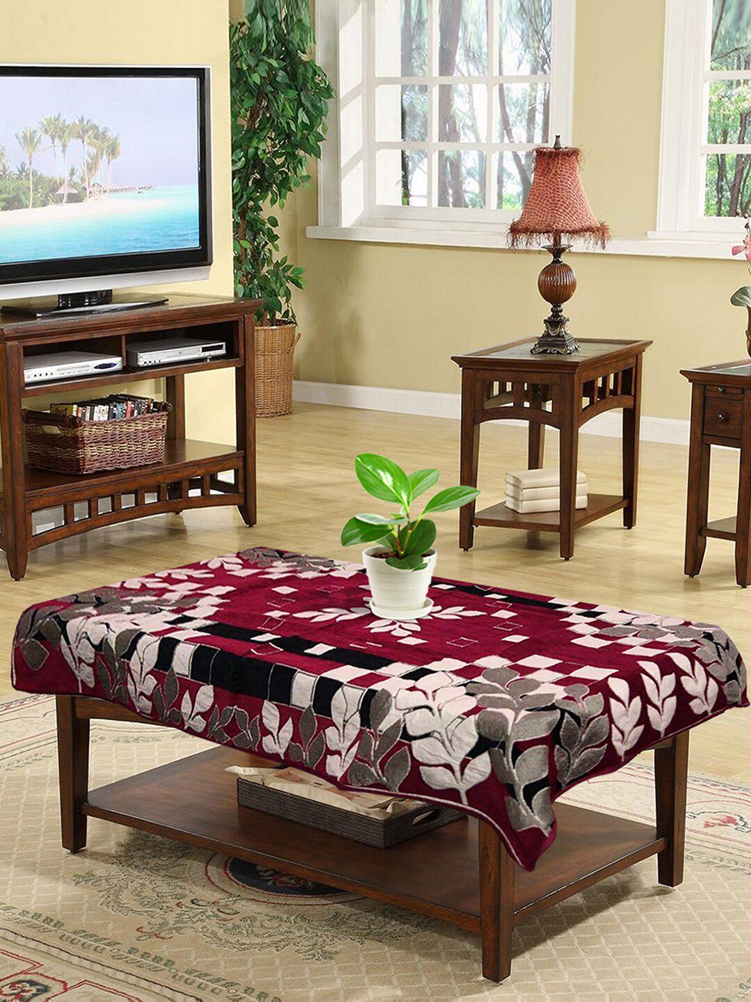 Kuber Industries Magenta Leaf Printed Velvet 4 Seater Center Table Cover Price in India
