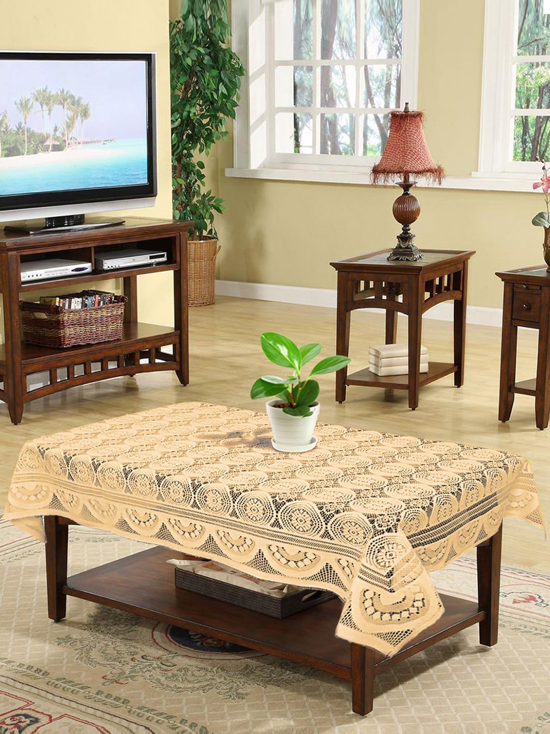 Kuber Industries Cream-Coloured Woven Design 4 Seater Cotton Table Cover Price in India