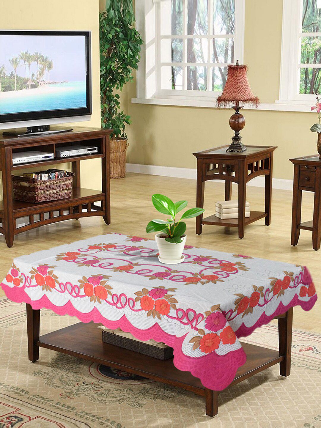 Kuber Industries White & Pink Floral Printed 4-Seater Rectangle Cotton Table Cover Price in India