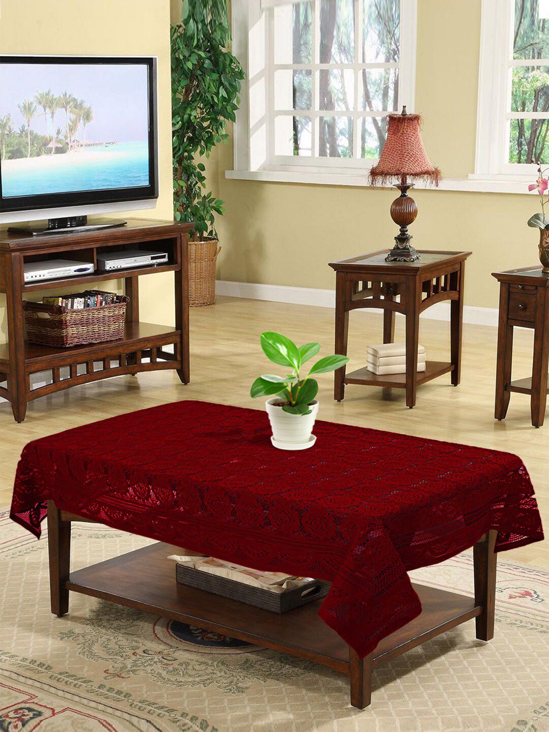 Kuber Industries Maroon Geometric Printed 4 Seater Cotton Table Cover Price in India