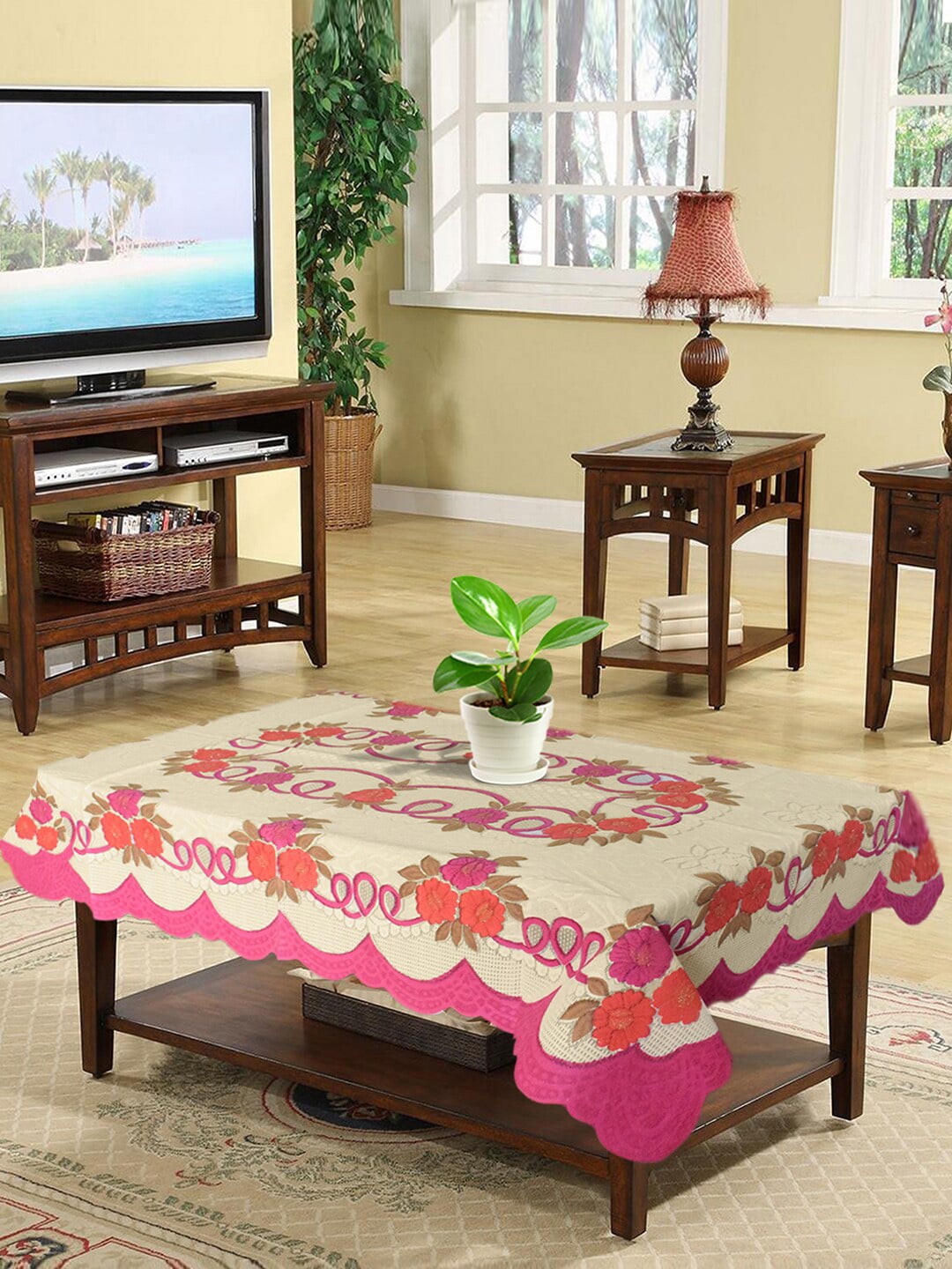 Kuber Industries Beige & Pink Floral Printed 4-Seater Rectangle Cotton Table Cover Price in India