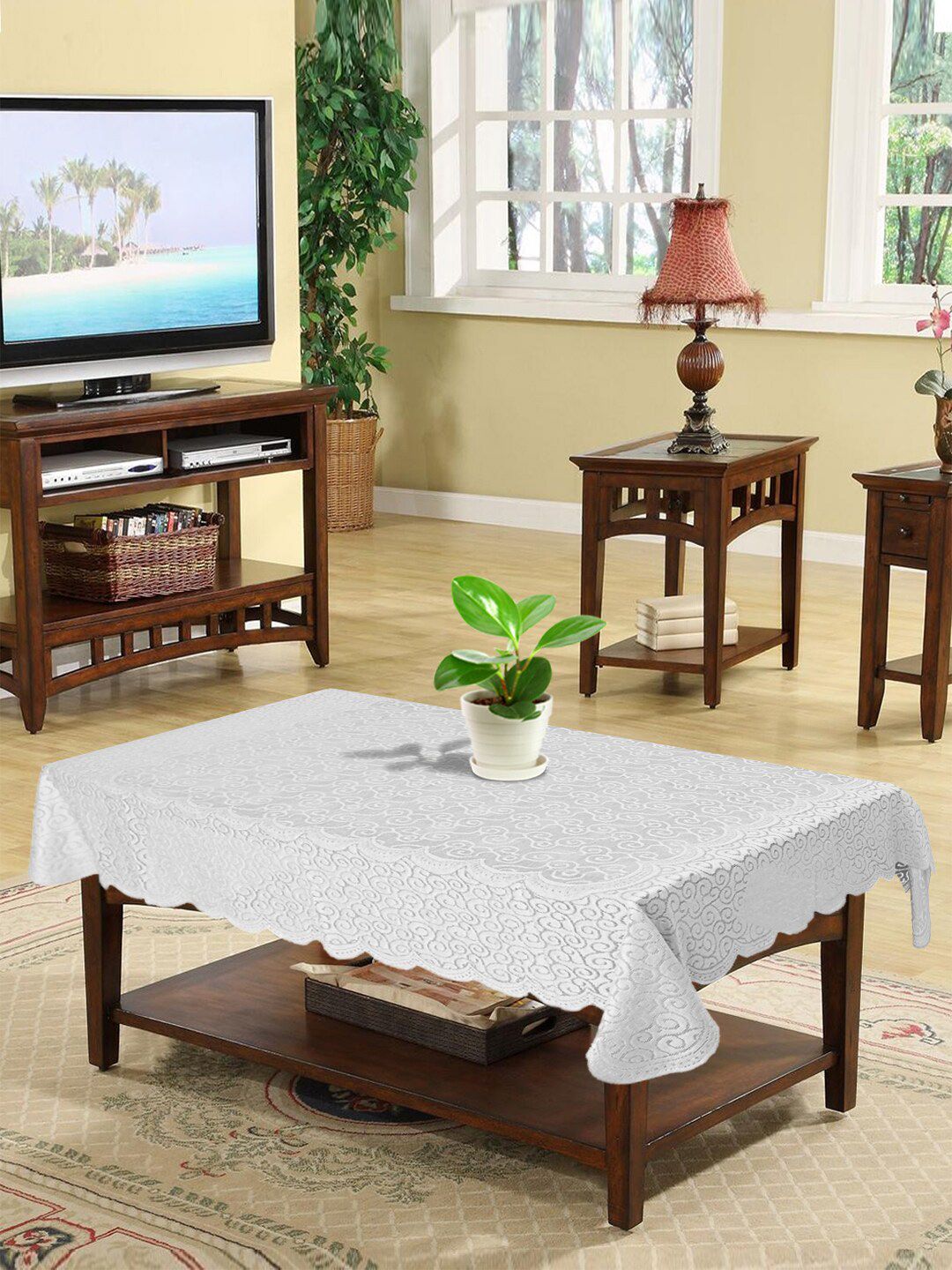 Kuber Industries White Self-Design 4 Seater Cotton Table Cover Price in India