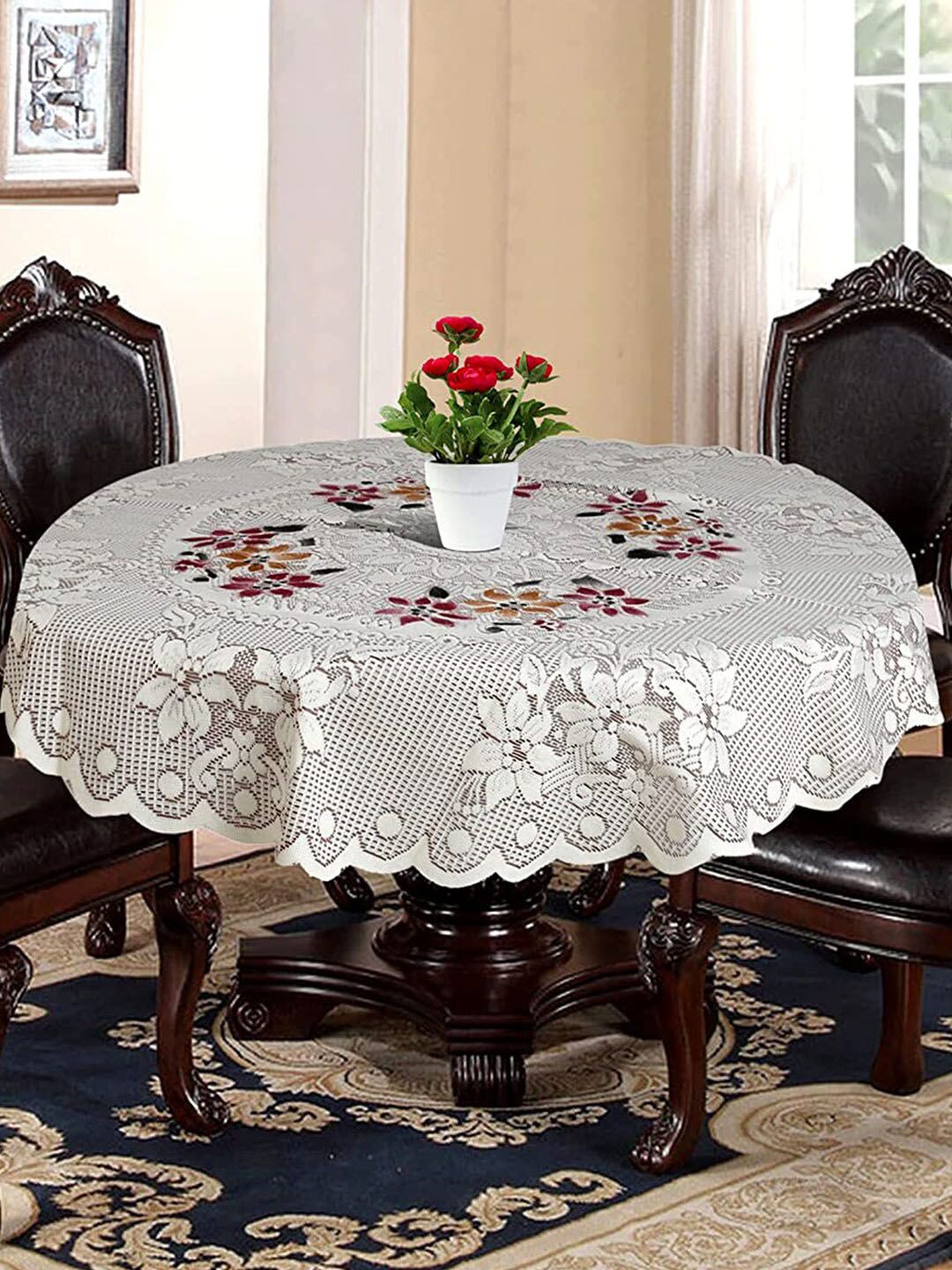 Kuber Industries Unisex White Flower Printed Round Table Cover Price in India