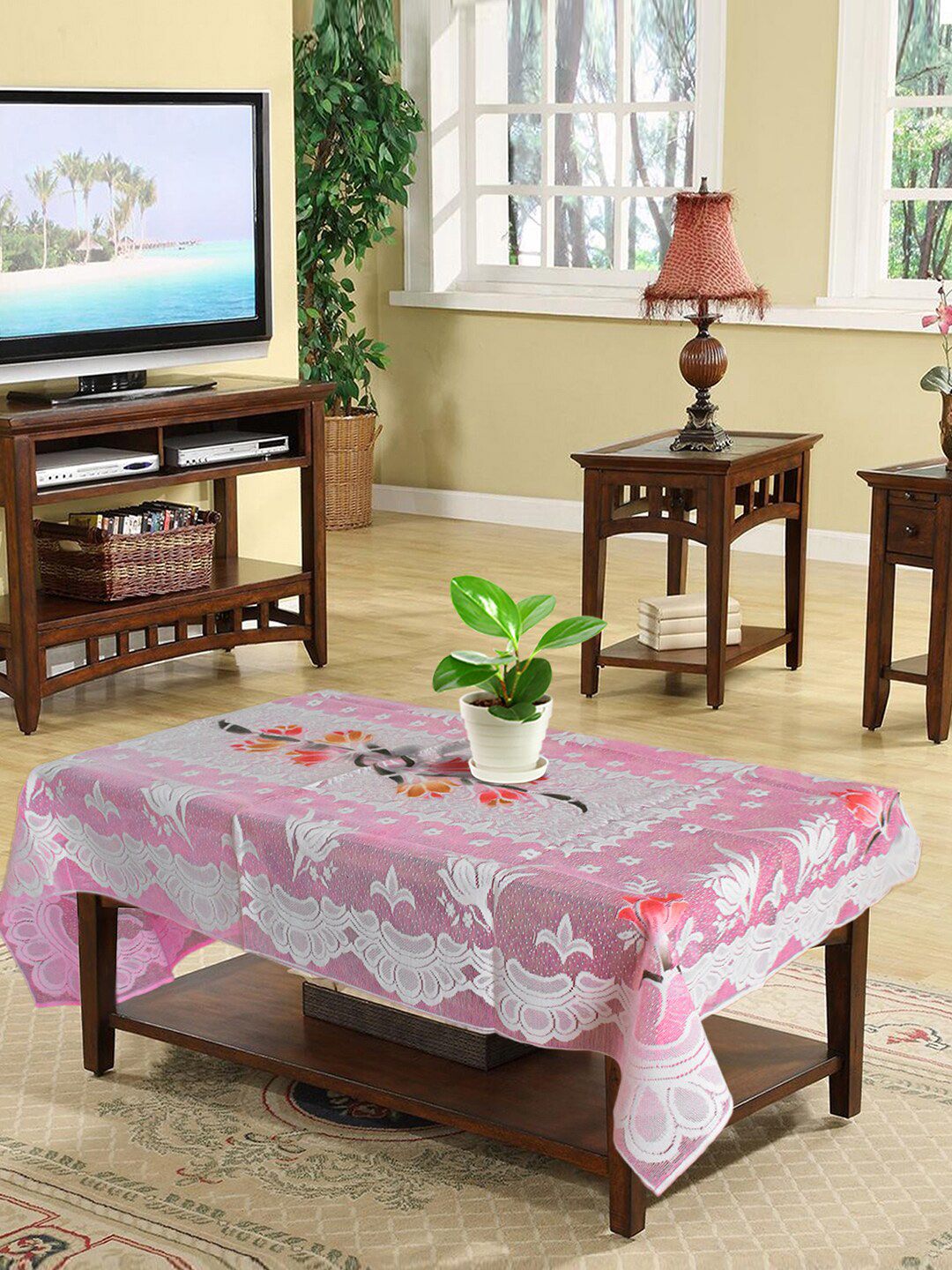 Kuber Industries Pink & White Floral Printed 4-Seater Rectangle Cotton Table Cover Price in India