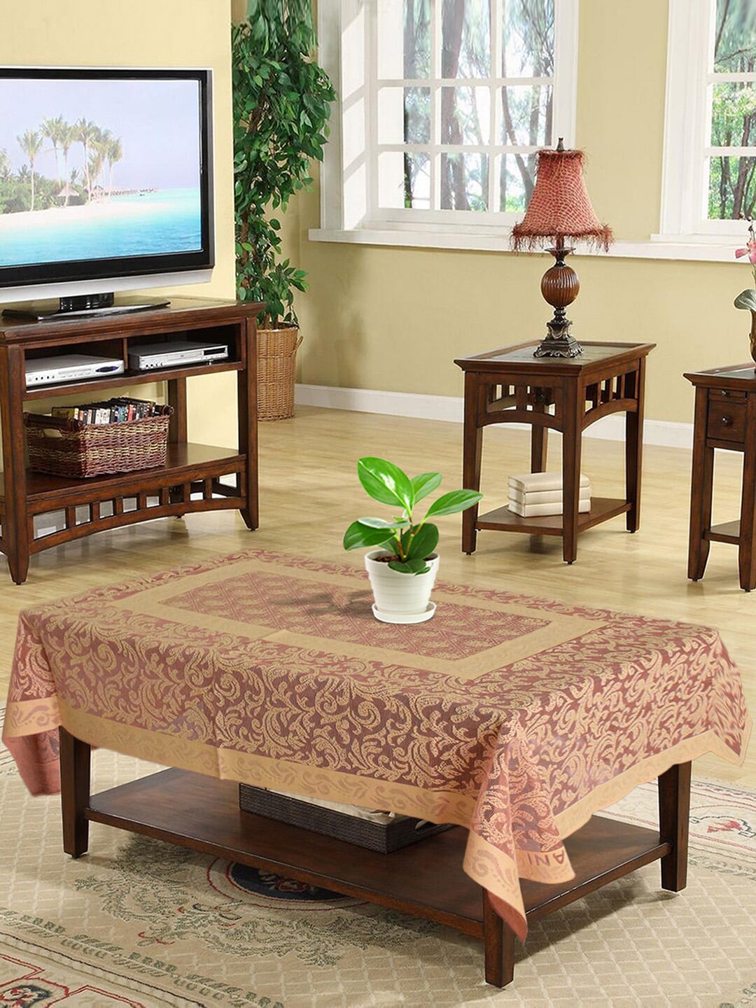 Kuber Industries Beige & Brown Printed 4 Seater Cotton Table Cover Price in India