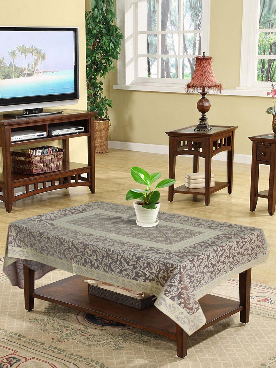 Kuber Industries Cream & Maroon Floral Printed Cotton 4 Seater Table Cover Price in India