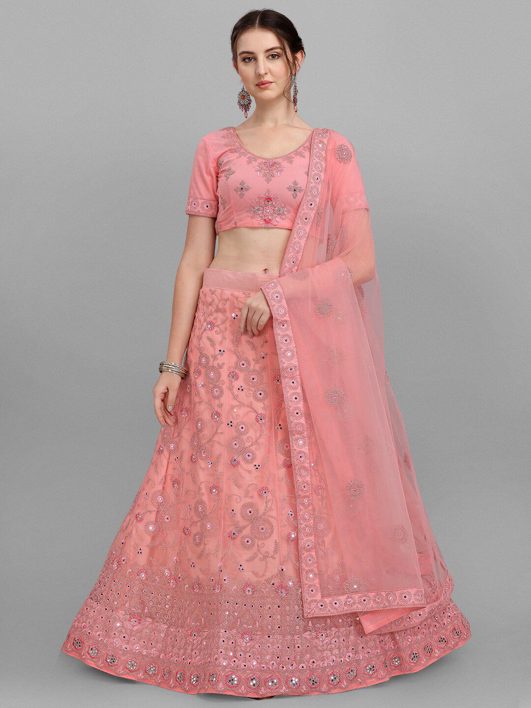 V SALES Pink & Fuchsia Embroidered Semi-Stitched Lehenga & Unstitched Blouse With Dupatta Price in India