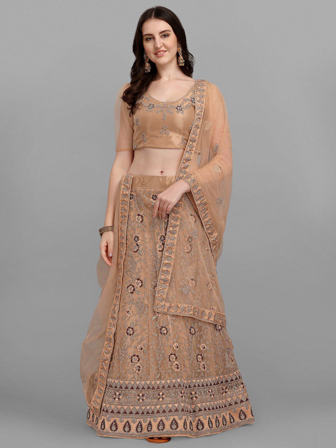 V SALES Beige Embroidered Zari Work Semi-Stitched Lehenga & Unstitched Blouse With Dupatta Price in India