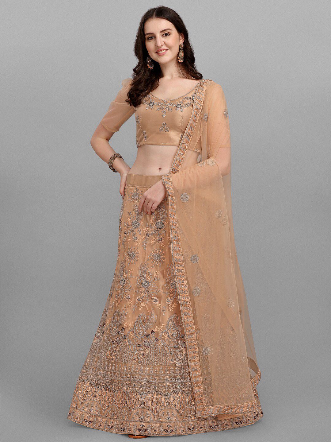 V SALES Beige & Silver-Toned Embroidered Zardozi Semi-Stitched Lehenga & Unstitched Blouse With Dupatta Price in India