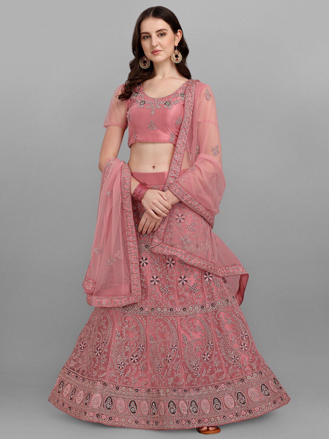 V SALES Pink Embroidered Zari Work Semi-Stitched Lehenga & Unstitched Blouse With Dupatta Price in India