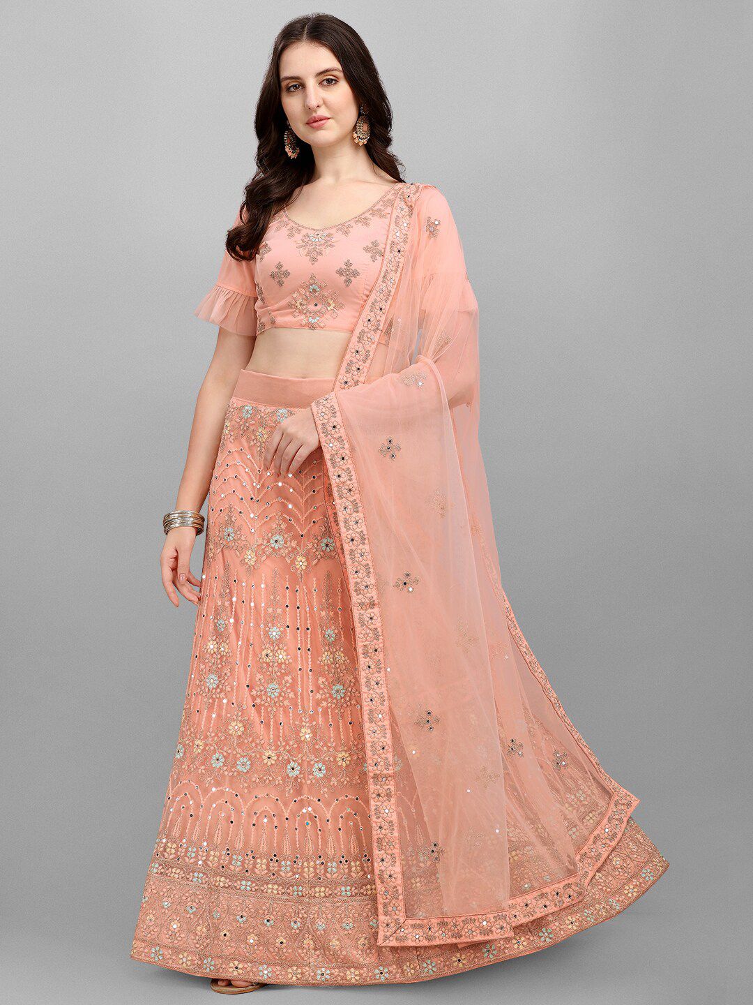 V SALES Peach-Coloured Embroidered Mirror Work Semi-Stitched Lehenga Set Price in India