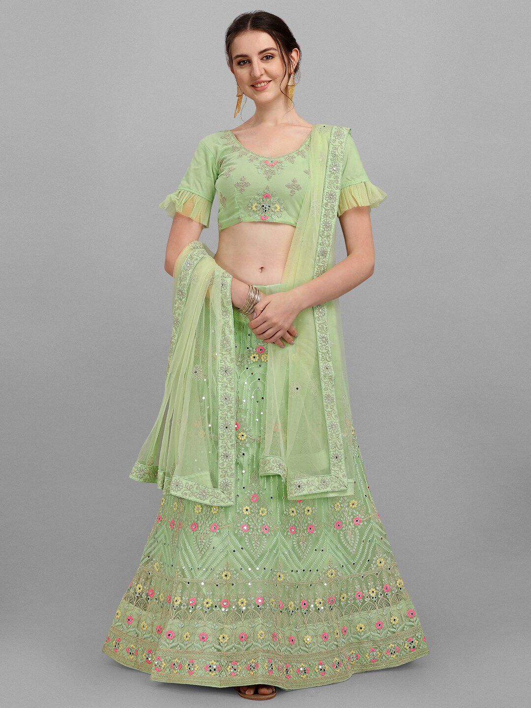 V SALES Green & Yellow Embroidered Mirror Work Semi-Stitched Lehenga & Unstitched Blouse With Dupatta Price in India