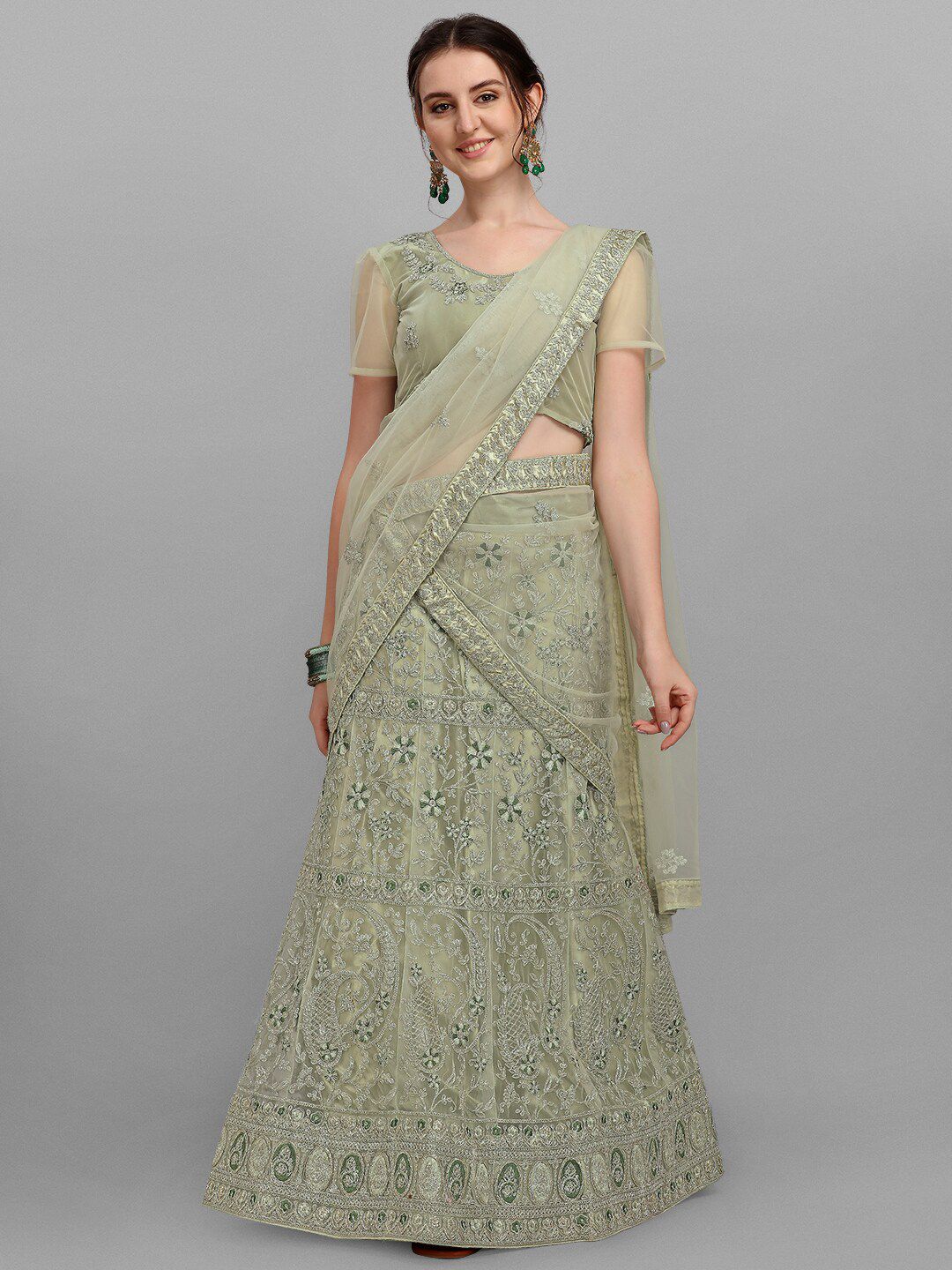 V SALES Olive Green Embroidered Zari Work Semi-Stitched Lehenga & Unstitched Blouse With Dupatta Price in India