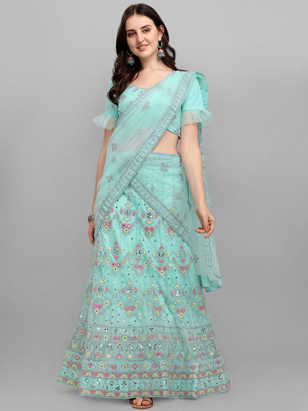 V SALES Blue & Pink Embroidered Semi-Stitched Lehenga & Unstitched Blouse With Dupatta Price in India