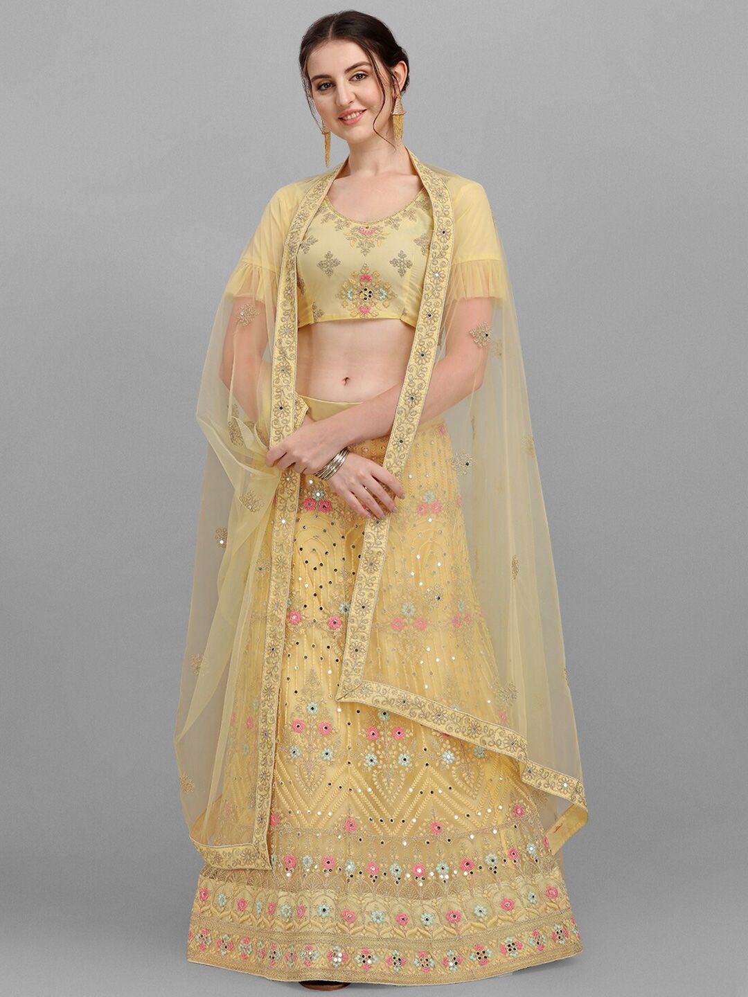 V SALES Yellow & Pink Embroidered Mirror Work Semi-Stitched Lehenga & Unstitched Blouse With Dupatta Price in India