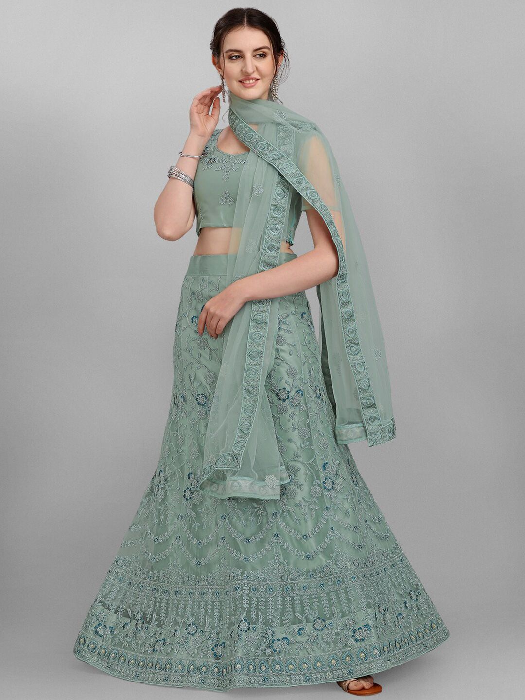 V SALES Sea Green & Silver Semi-Stitched Lehenga & Unstitched Blouse With Dupatta Price in India