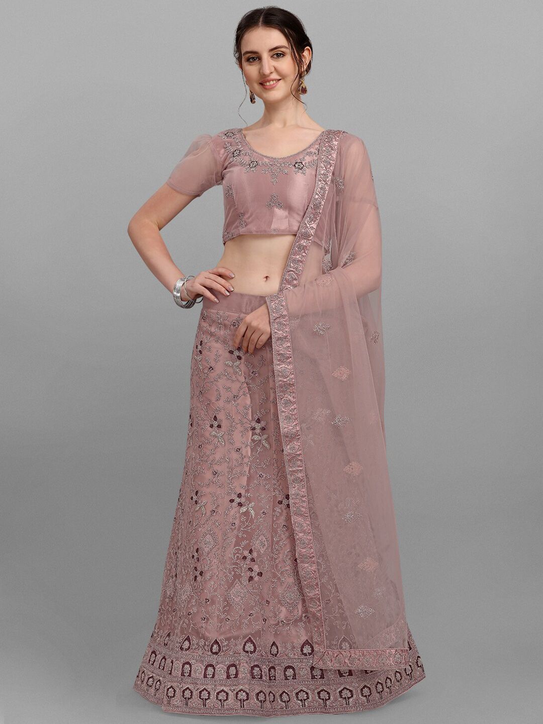 V SALES Lavender & Brown Embroidered Zari Work Semi-Stitched Lehenga & Unstitched Blouse With Dupatta Price in India