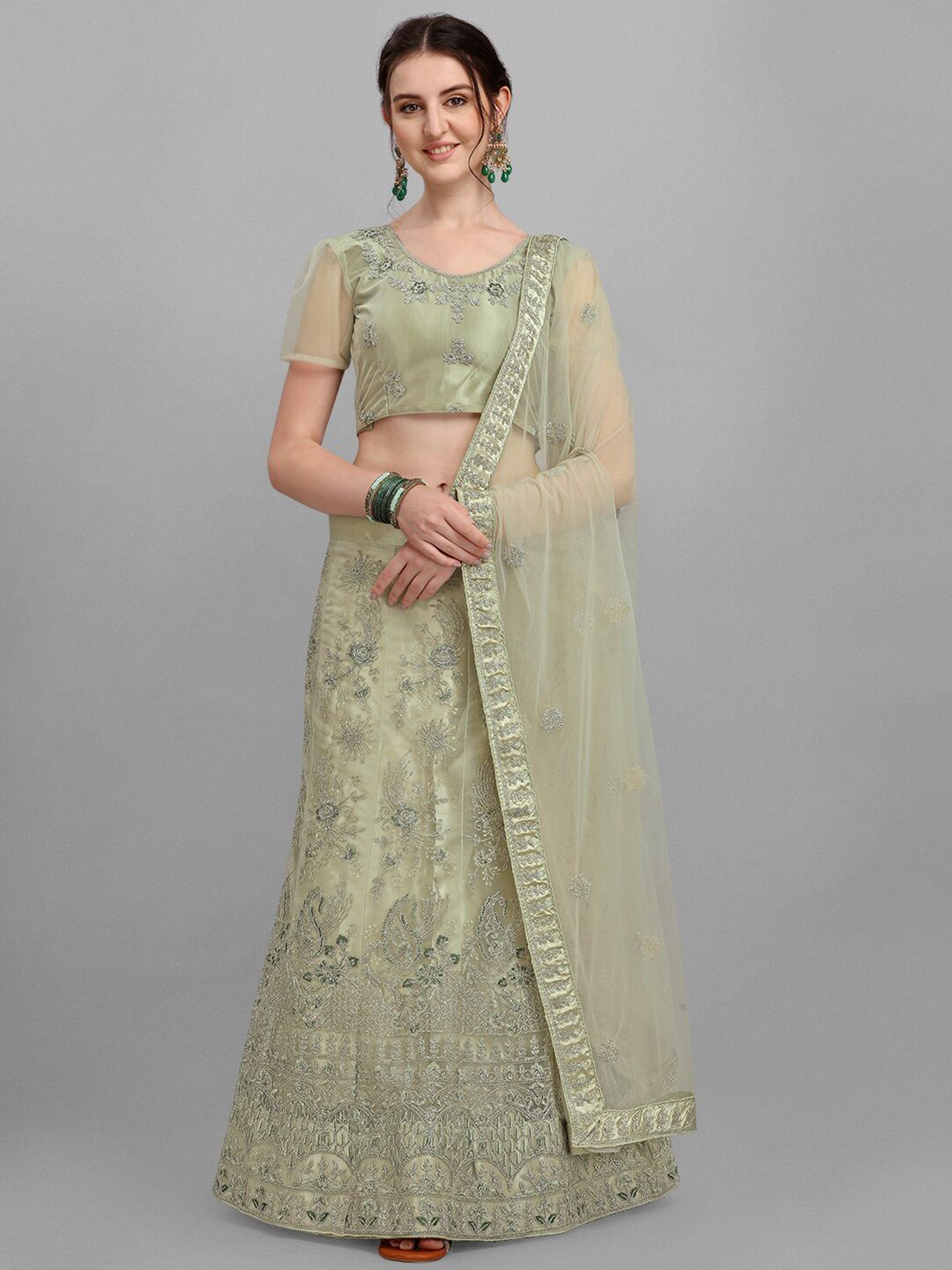 V SALES Olive Green Embroidered Zari Work Semi-Stitched Lehenga & Unstitched Blouse With Dupatta Price in India