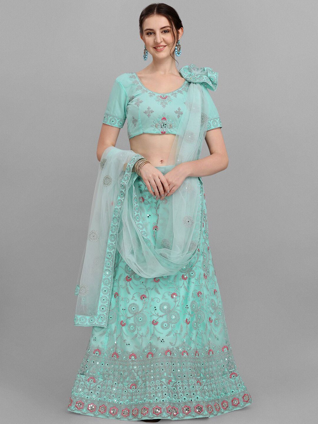 V SALES Turquoise Blue & Pink Embroidered Mirror Work Semi-Stitched Lehenga Set Price in India