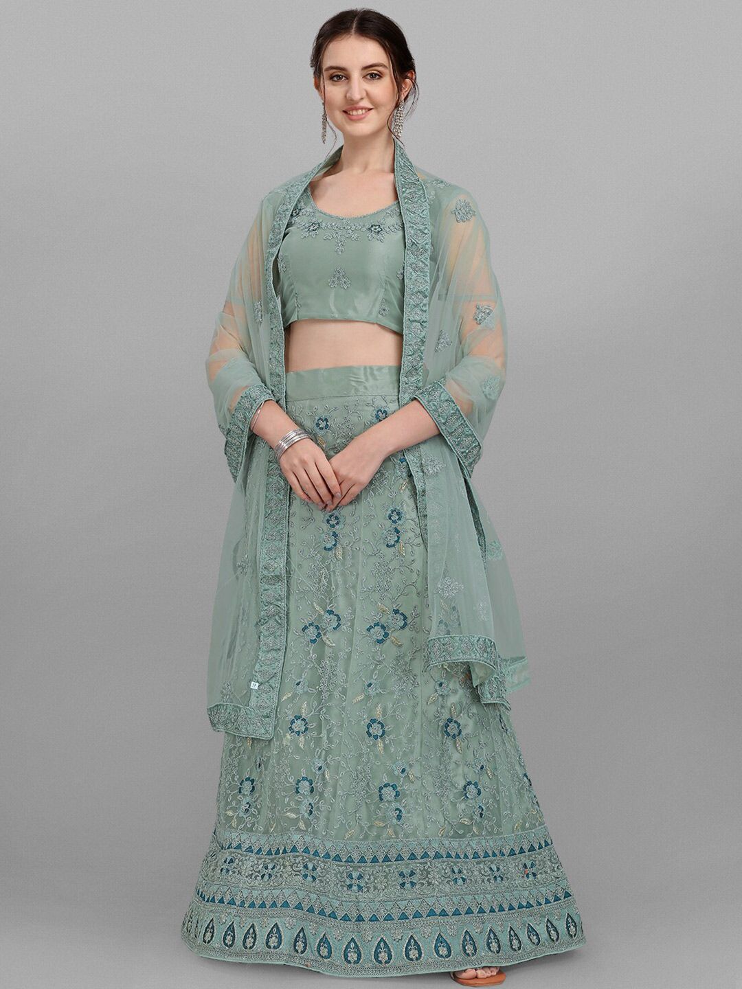 V SALES Sea Green & Silver-Toned Embroidered Zari Work Semi-Stitched Lehenga & Unstitched Blouse With Dupatta Price in India