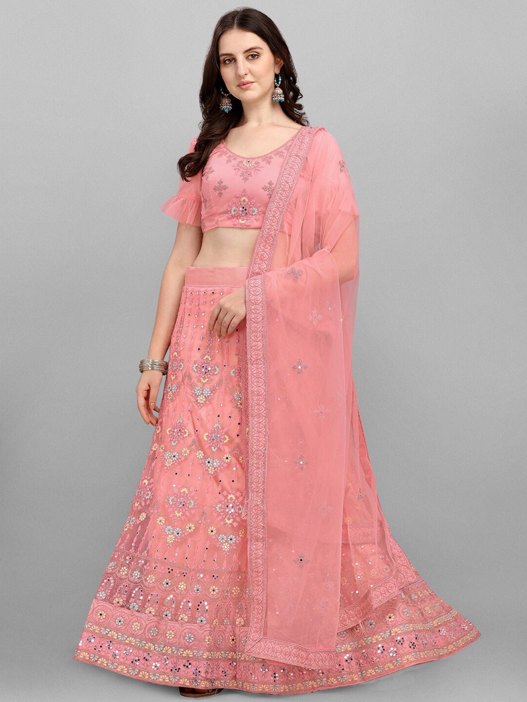 V SALES Pink & Cream Embroidered Semi-Stitched Lehenga & Unstitched Blouse With Dupatta Price in India