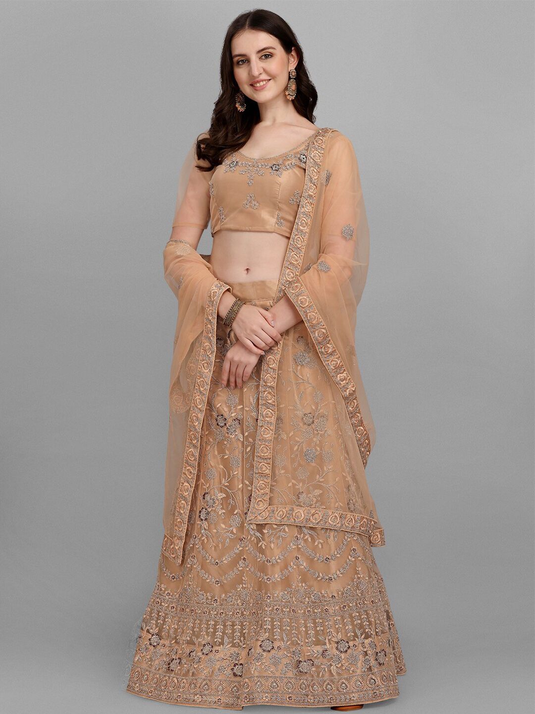 V SALES Beige & Blue Embroidered Semi-Stitched Lehenga & Unstitched Blouse With Dupatta Price in India