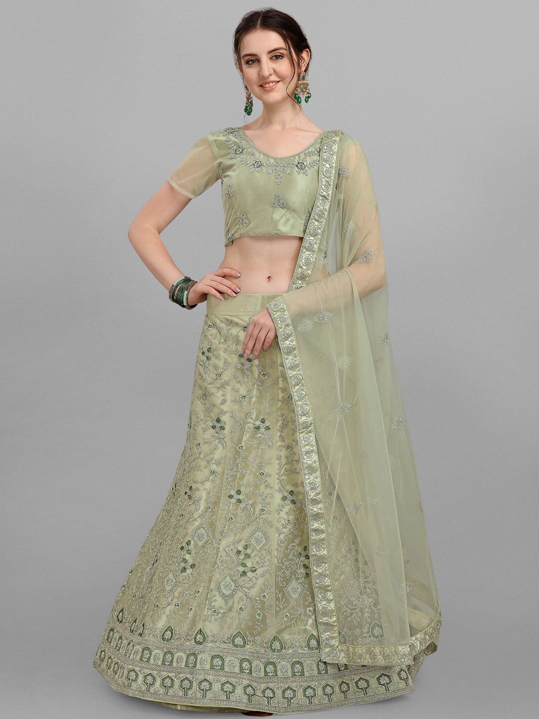 V SALES Olive Green Embroidered Semi-Stitched Lehenga & Unstitched Blouse With Dupatta Price in India